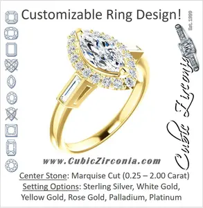 Cubic Zirconia Engagement Ring- The Azariah (Customizable Cathedral Marquise Cut Design with Halo and Straight Baguettes)