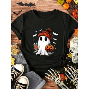 Women Halloween Ghost T Shirt Stylish Crew Neck Short Sleeve Top With Jack O Lantern Print