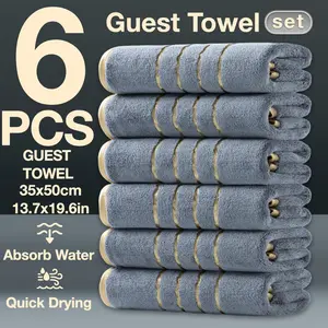 6-Piece Gold Line Decorative Winter Thick Guest Towels, Modern Simple Bathroom Set, Strong Absorbent Quick Dry Microfiber, Home Camping Hotel School Factory Use