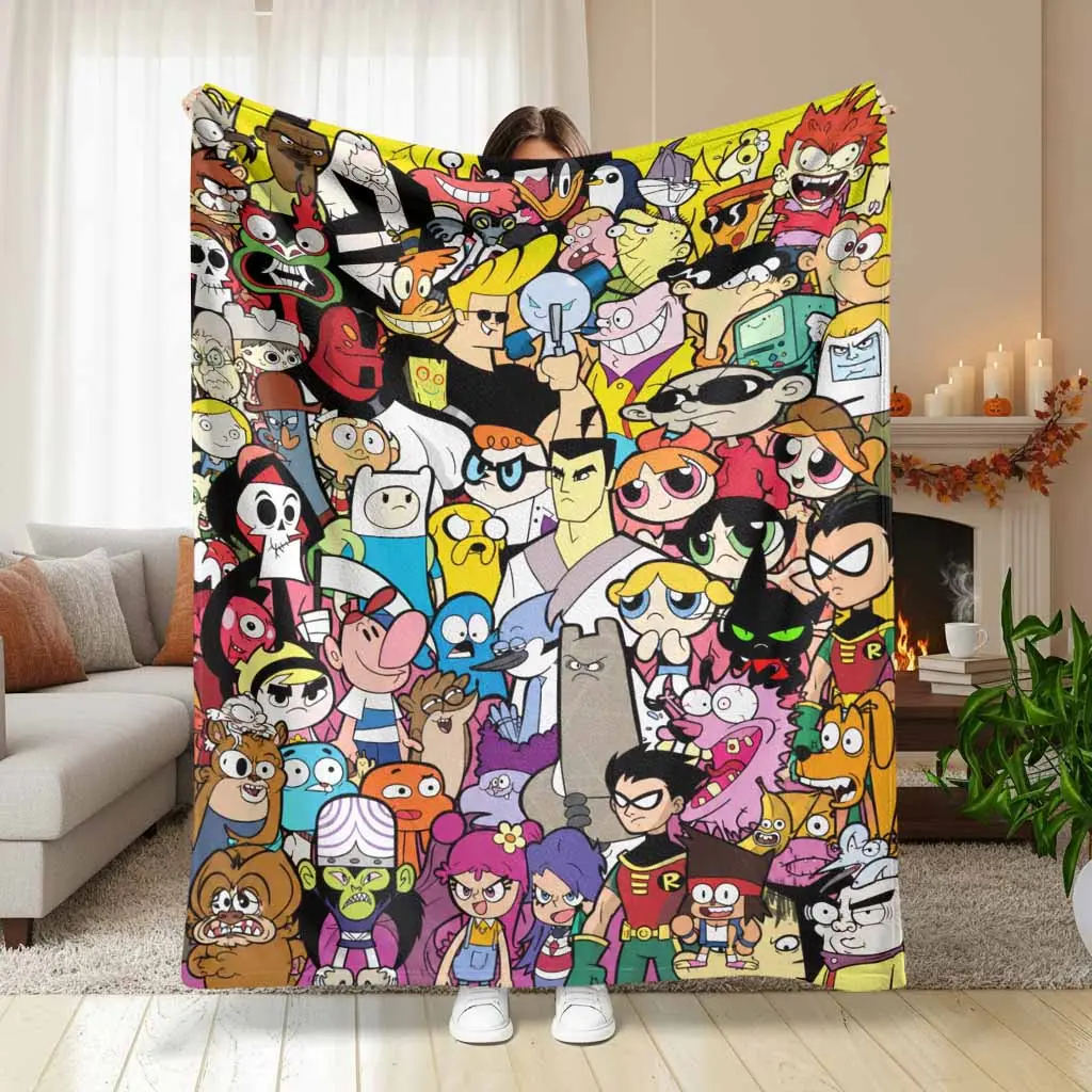 Retro Cartoon Character Flannel Blanket - Classic Animation Collage Print, Flannel Fabric, Multi-Size, Wrinkle Resistant, Anti-Pilling, Soft, Cozy, Lightweight, Durable Indoor/Outdoor Throw for Sofa, Bedroom, Gift Use, Home Office, 30×40 Inch / 76×101Cm (