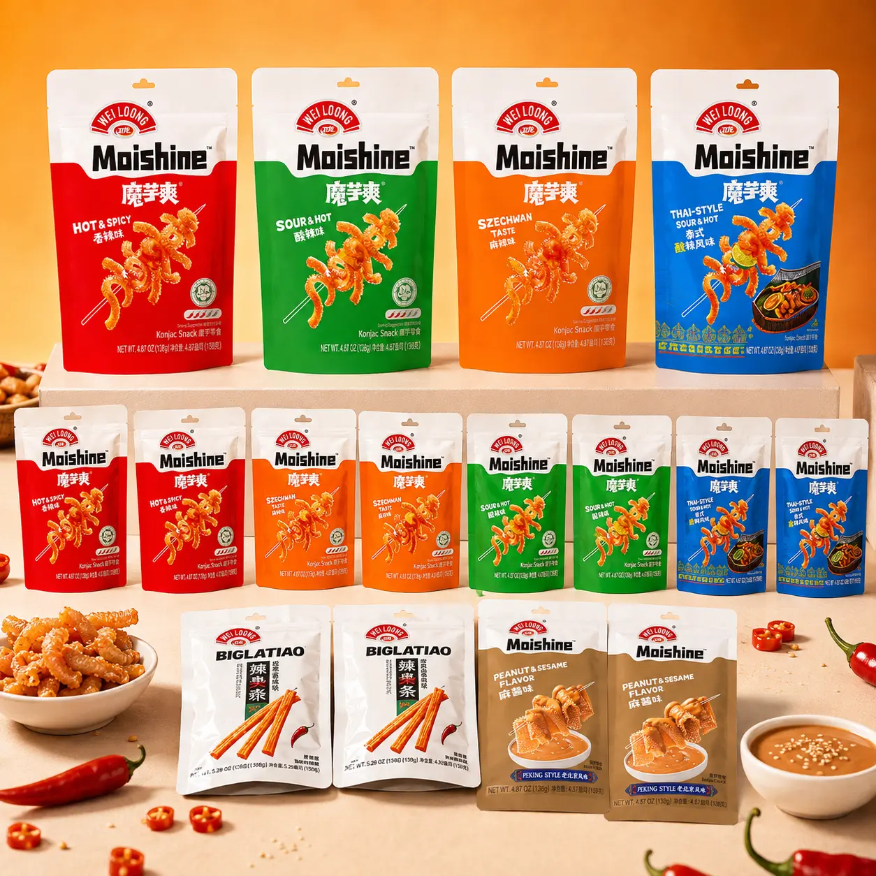 OG x Weiloong Ultra Bundle-Total: 16 Packs · 6 Flavors total(550g*4+138g*10+150g*2)Spicy Konjac Snack Strips, Classic Mixed Flavors, 5 Konjac Snack Flavors (Hot & Spicy, Szechwan Flavor, Thai-Style ,Peanut & Sesame,Sour & Hot)+ sweet&spicy rice strips