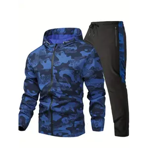 Men's 2-Piece Camo Print Polyester Blend Athletic Tracksuit - Stretch Zip-Up Hoodie, Drawstring Pants for Teen Male Running, Training, Outdoor Sports (Multi-Size)