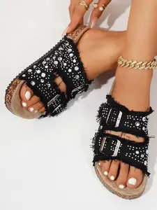 Women's Casual Summer Slippers, Cute Sweet Style with Rhinestones, Textile Upper & Rubber Sole, Perfect for Daily Wear