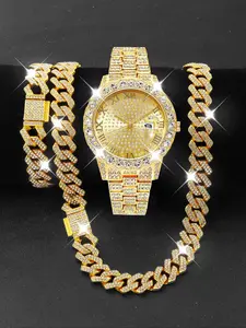 Men's Rhinestone Quartz Watch Set, Trendy Jewelry Set, Includes Cuban Hip Hop Bracelet & Necklace Jewelry, Business Casual Wear, Valentine's Gift