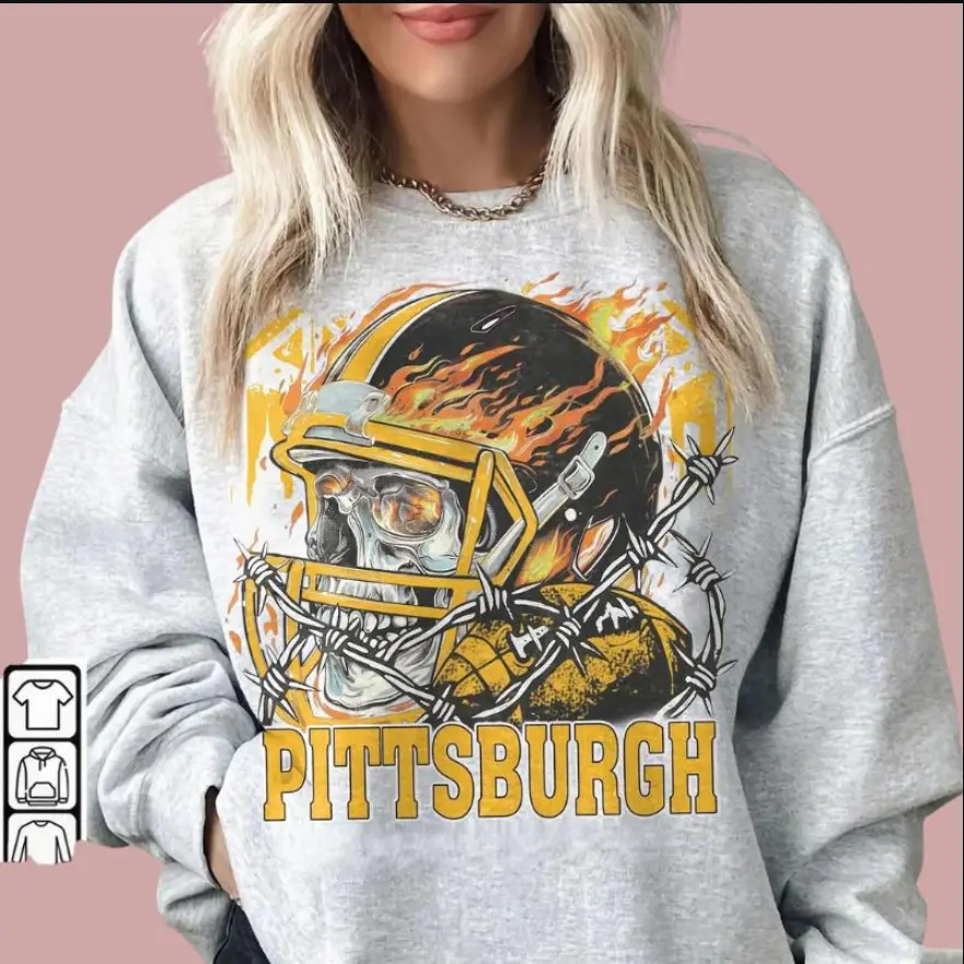Vintage 90s Skull & Fire Style Pittsburgh Football Sweatshirt Hoodie T-Shirt, Here We Go Pittsburgh Retro Game Day Crewneck Pittsburgh Fan Gift Tee, Football Fan Gift, Vintage Pittsburgh Graphic Football Crewneck