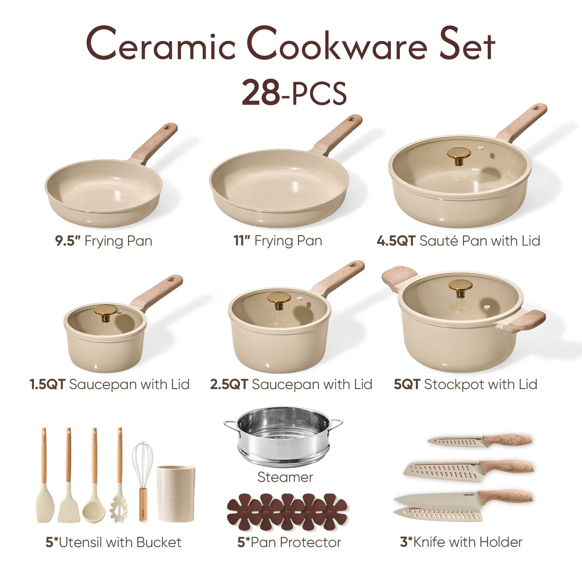CAROTE 28-Piece Ceramic Nonstick Cookware Set, Pots and Pans with Lids, Induction Compatible, Die-Cast Aluminum, Frying Pans, Saucepan, Stockpot, Steamer, Knife Set & Utensils, Oatmeal