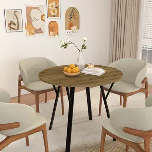 35.43 Inch Round Dining Table for 4,Space Saving Circle Dining Table with Pedestal Metal Frame,Farmhouse Wood Round Kitchen Table for Living & Dining Room,Brown (Only Table)