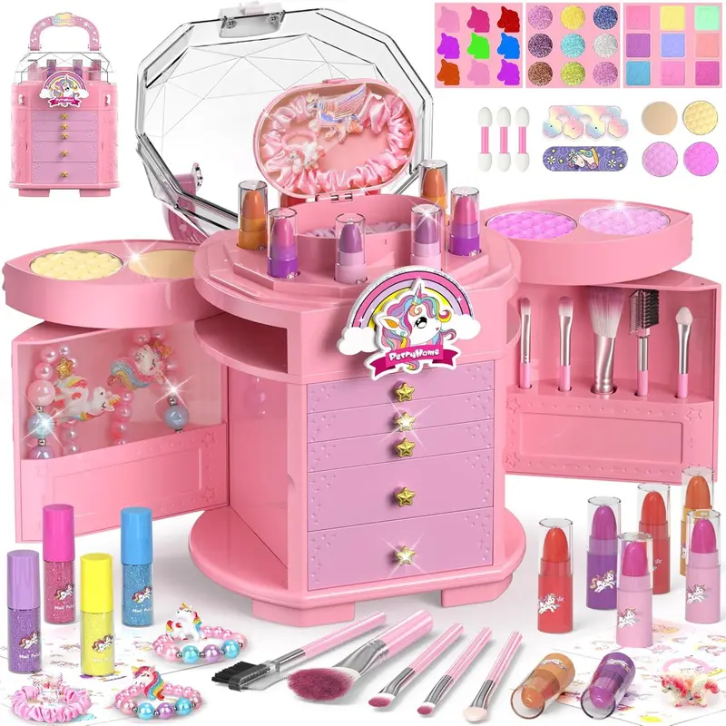 PERRYHOME Kids Makeup Set for Girl 63 Pcs Unicorn Toys for Girls, Real Washable Non-Toxic Cosmetic Toddler Make Up Kit, Unicorn Toys Princess Dress up Christmas & Birthday Girl Gifts for 3-12(Pink)