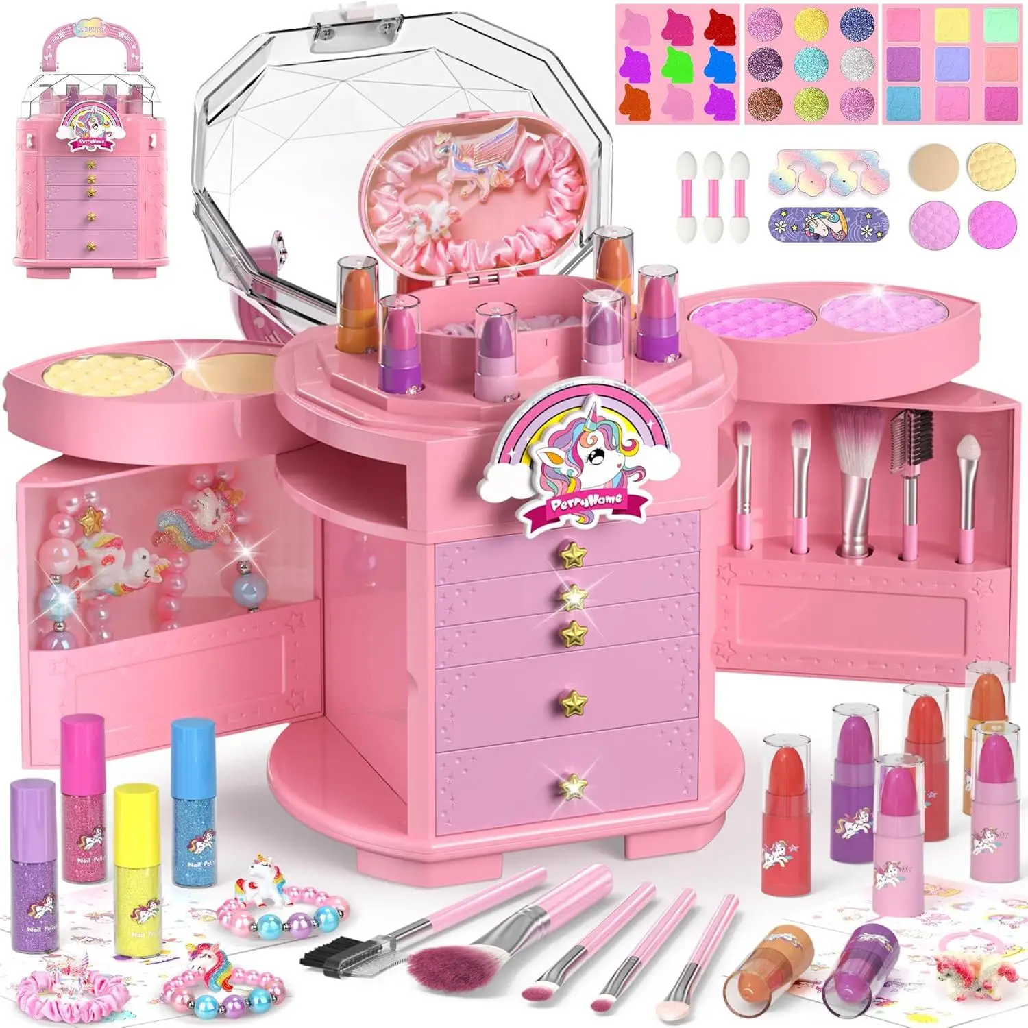 PERRYHOME Kids Makeup Set for Girl 63 Pcs Unicorn Toys for Girls, Real Washable Non-Toxic Cosmetic Toddler Make Up Kit, Unicorn Toys Princess Dress up