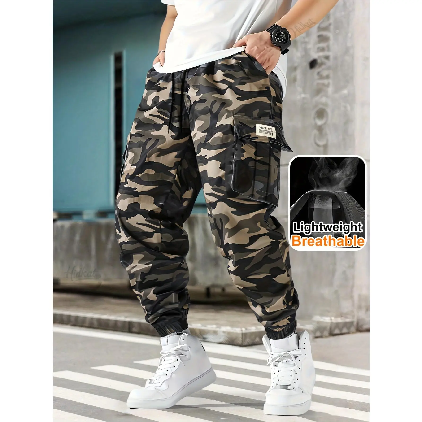 Men's Camouflage Outdoor Cargo Pants, Lightweight and Thin, with Drawstring Waist and Side Pockets, Comfortable and Breathable, Suitable for Outdoor and Daily Wear