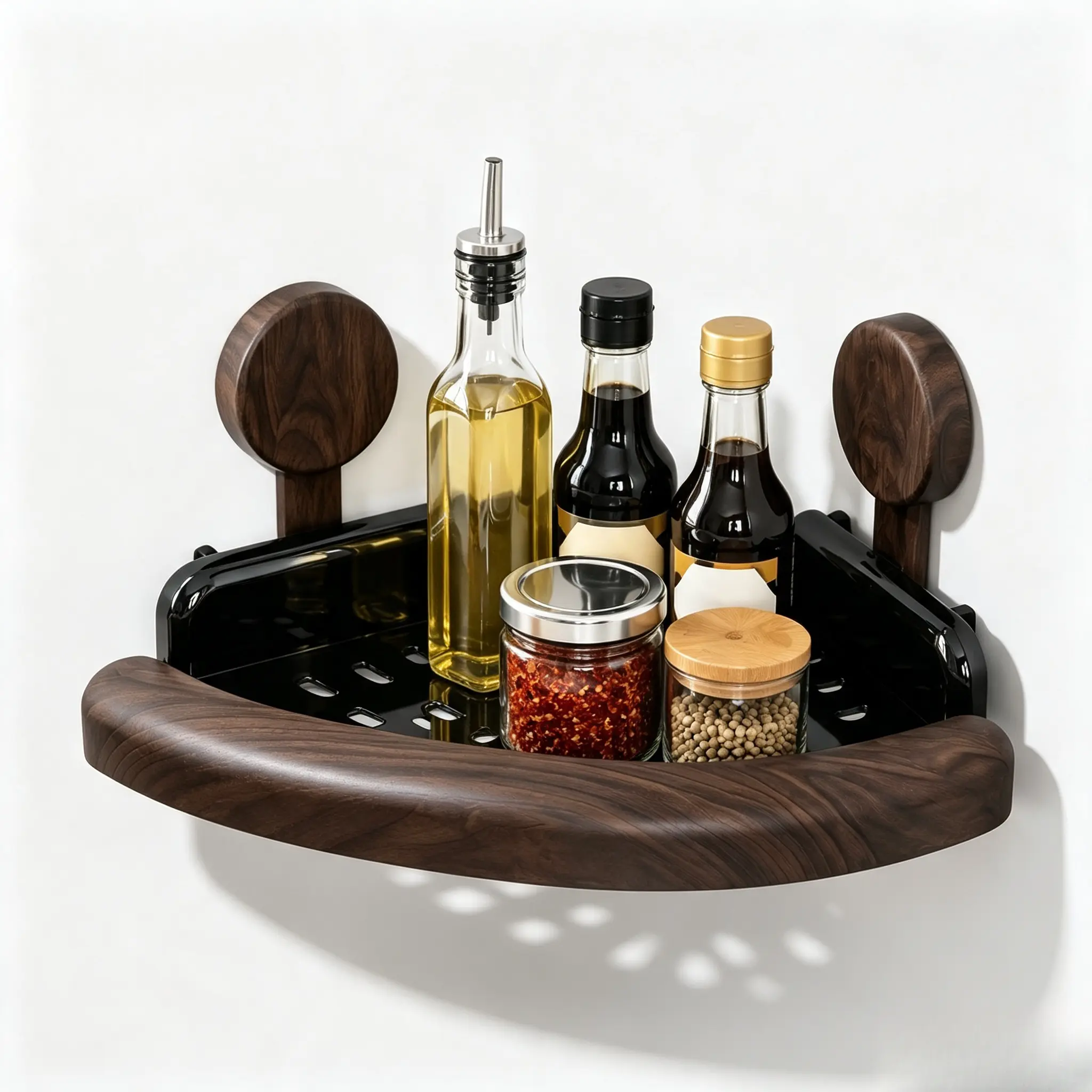 No-Drill Plastic Wall-Mount Corner Shower Caddy, Wood Grain Adhesive Bathroom Organizer Storage Tray, Waterproof Triangle Shelf for Bathroom Toiletries & Kitchen Spice Bottles