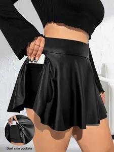 Women's Plus Size Skirt with Safety Pants, Leather Fabric, Hidden Pockets, Stylish and Practical, Perfect for Parties and Gatherings, Summer Fashion
