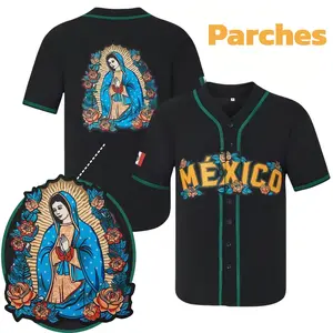 Mexico Guadalupe Embroidered Baseball jersey,Men's Gift,Button Short SleeveSports jersey,Loose Breathable Soft Comfort V-Neck ToP number embroidery button men anywhere Christmas Eve gifts Holiday
