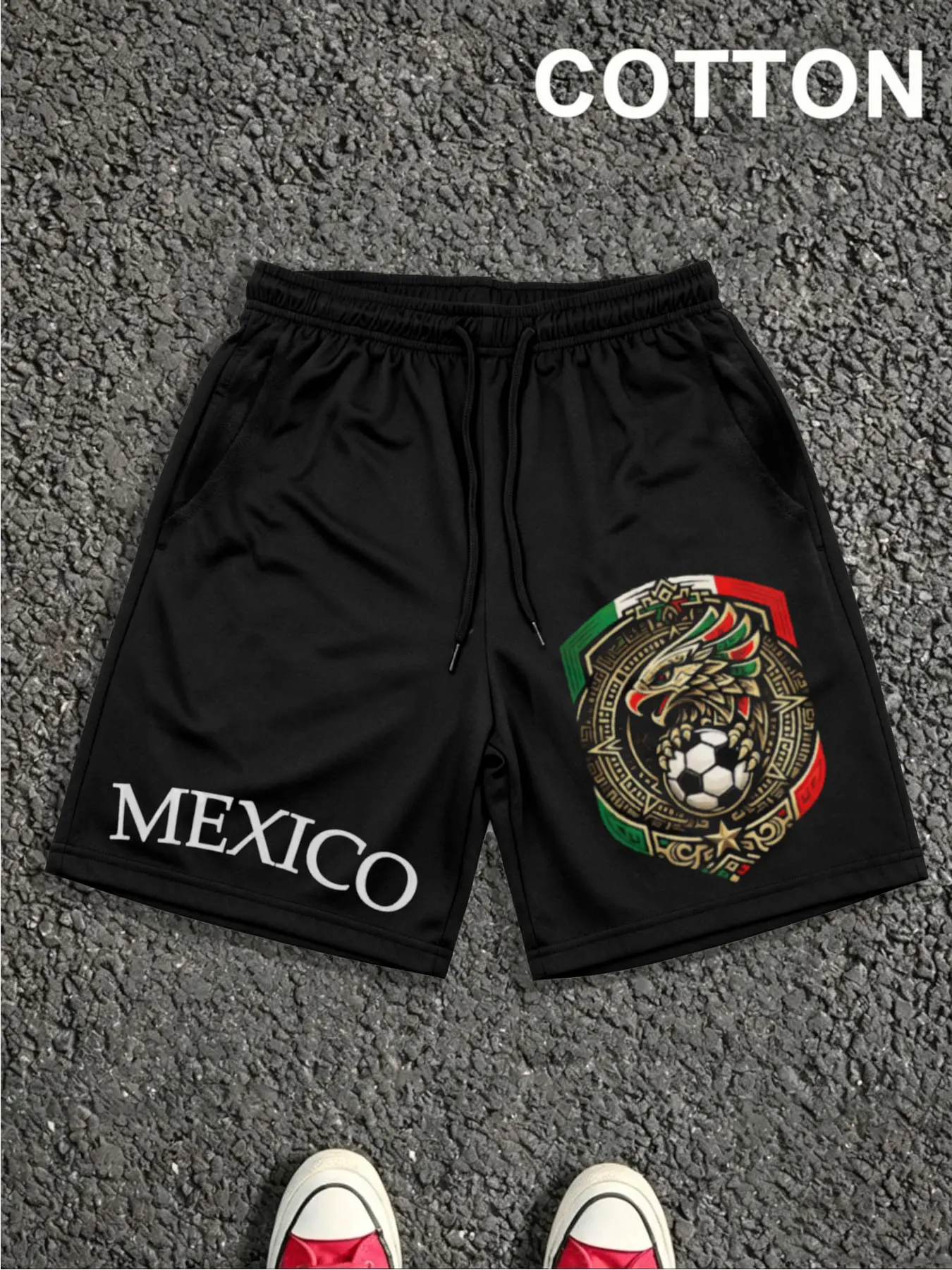 1 PCS Mexico Eagle Soccer Aztec Shield Mexican Flag Graphic Print, Latino Heritage Football Streetwear Athletic Bottoms, Soft Breathable Unisex Shorts For Mexican Soccer Fans Summer Daily Sports Outfit