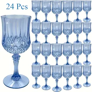 24Pcs Unbreakable Plastic Wine Glasses Set-7oz Vintage Blue Champagne Flute Stemware Reusable Party Packs Cups, Camping Party Drinkware, Wedding, Celebrations, Birthdays, Family Gatherings, Stackable Storage, Table Decoration Halloween Christmas Gift