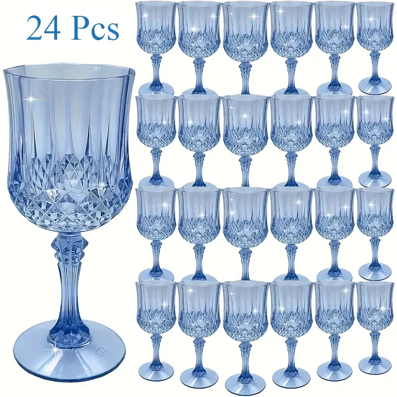 24Pcs Unbreakable Plastic Champagne Flutes Set - 7oz Vintage Blue Wine Glasses, Reusable Stackable Party Drinkware for Weddings, Celebrations, Stackable Storage, Table Decoration, Festive Gifts