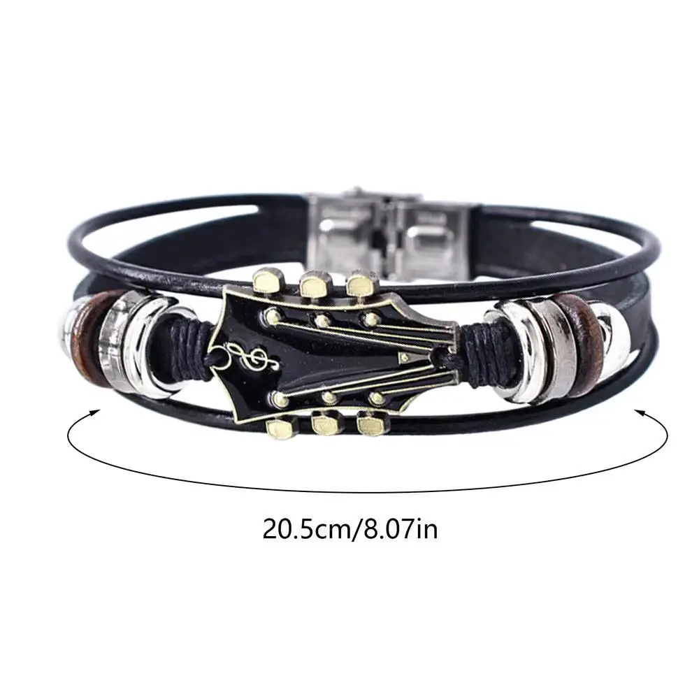 PU Leather Bracelet for Men, Braided Rock & Punk Style with Guitar Theme, Adjustable Fit for Casual Wear, 20.5cm, 20.5Cm/8.07 Inches, Dimensions, Retro Punk, Zinc Alloy Guitar Decor, Bright And Attractive, Daily, Excellent Workmanship