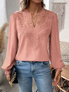 A pure color lace V-neck long-sleeved blouse top with a lantern shape for ladies exudes an elegant and refined style. It is suitable for daily commuting and also for casual outings and vacations, Boho Ruffle Sleeve Womenswear