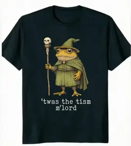 Meme Frog Wizard "Tism M'lord" Print Short Sleeve Cotton T-Shirt, 100% Cotton, Funny Casual Summer T-Shirt