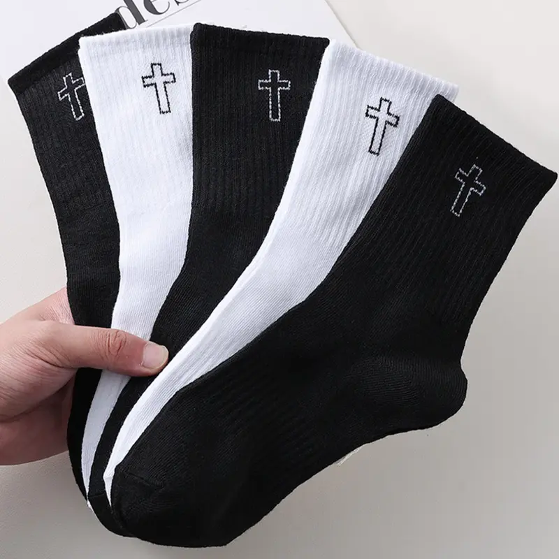 5 Pairs Unisex Cross Stitch Knit Mid-Calf Socks, Warm Casual Sports Socks, Soft Comfortable Fashion, Sports Athletic Socks, Sporty Track Socks, Sock Sets, All Season Socks
