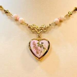 Bridgette Locket - Heart Shaped Pendant with Floral Design and Beaded Chain Jewelry Piece