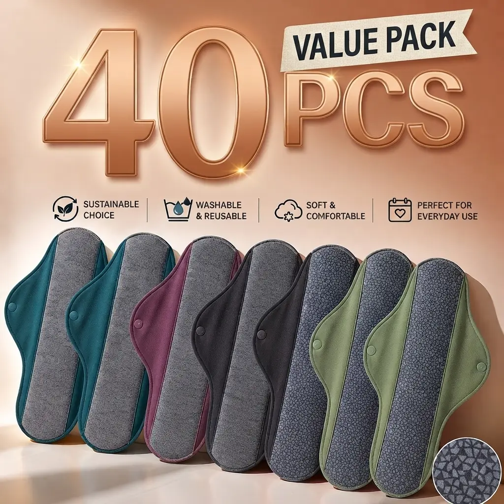 40 Pcs Graphene Reusable Incontinence Pads - Washable Leakproof Cloth Pads with Odor Control, Regular Absorbency for Women, Includes Guide on How to Wear Tampons