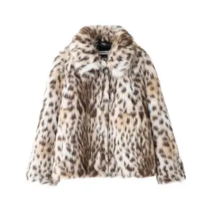 BIGWIG women's fashion leopard faux fur short jacket, plush stand collar splicing warm coat, lapel long sleeve side pocket casual coat, winter leopard faux fur loose slim fit warm coat, elegant winter fashion