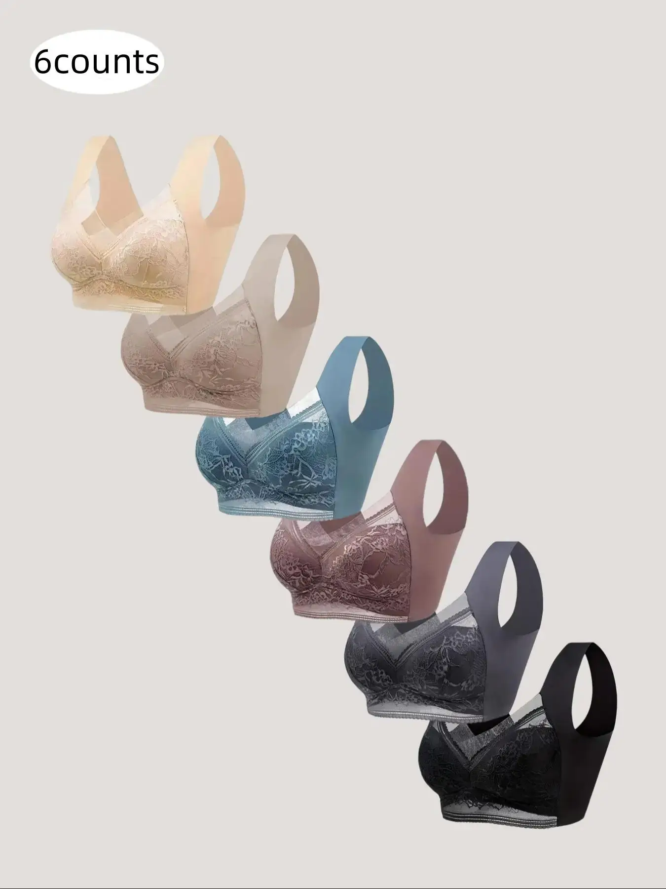 Women's 6pcs Contrast Lace Bra, Soft Comfortable Breathable Push Up Bra, Solid Color Lingerie for All Seasons, Underwear for Women