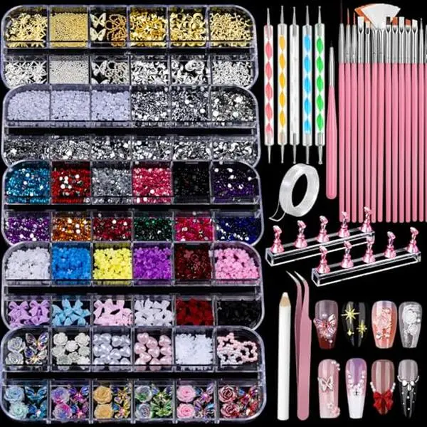 Nail Charms and Nail Art Tools Set, Nail Art Kit with 5 Boxes of 3D Nail Charms and Gems Rhinestones, 15 Pcs Nail Art Brushes, 5 Pcs Nail Dotting Tools, 2 Set of Nail Stand