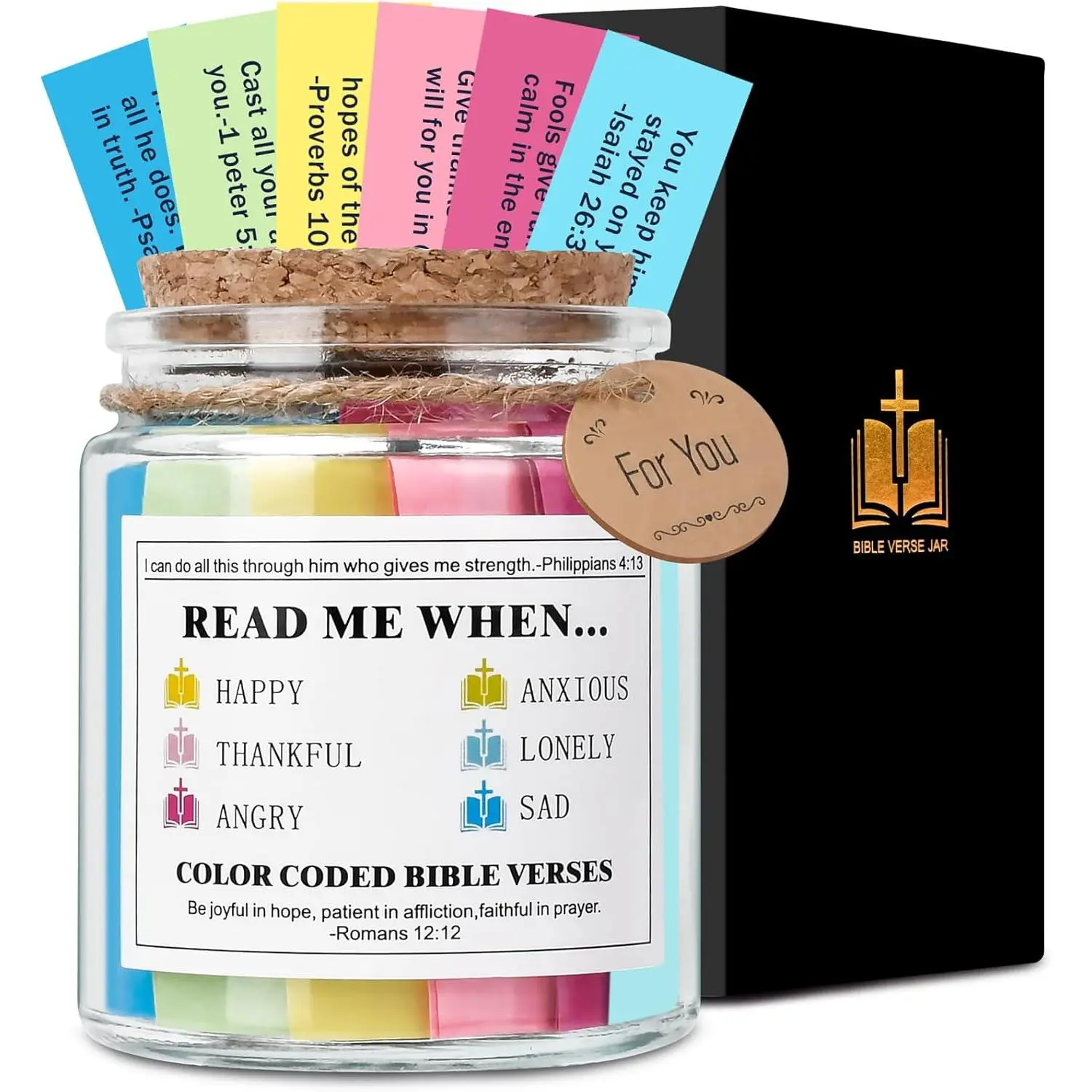 Durable Thick Glass Christian Bible Jar with Prayer Cards - Church Home Bedroom Table Decor, Women's Festive Gift Box for Graduation Presents