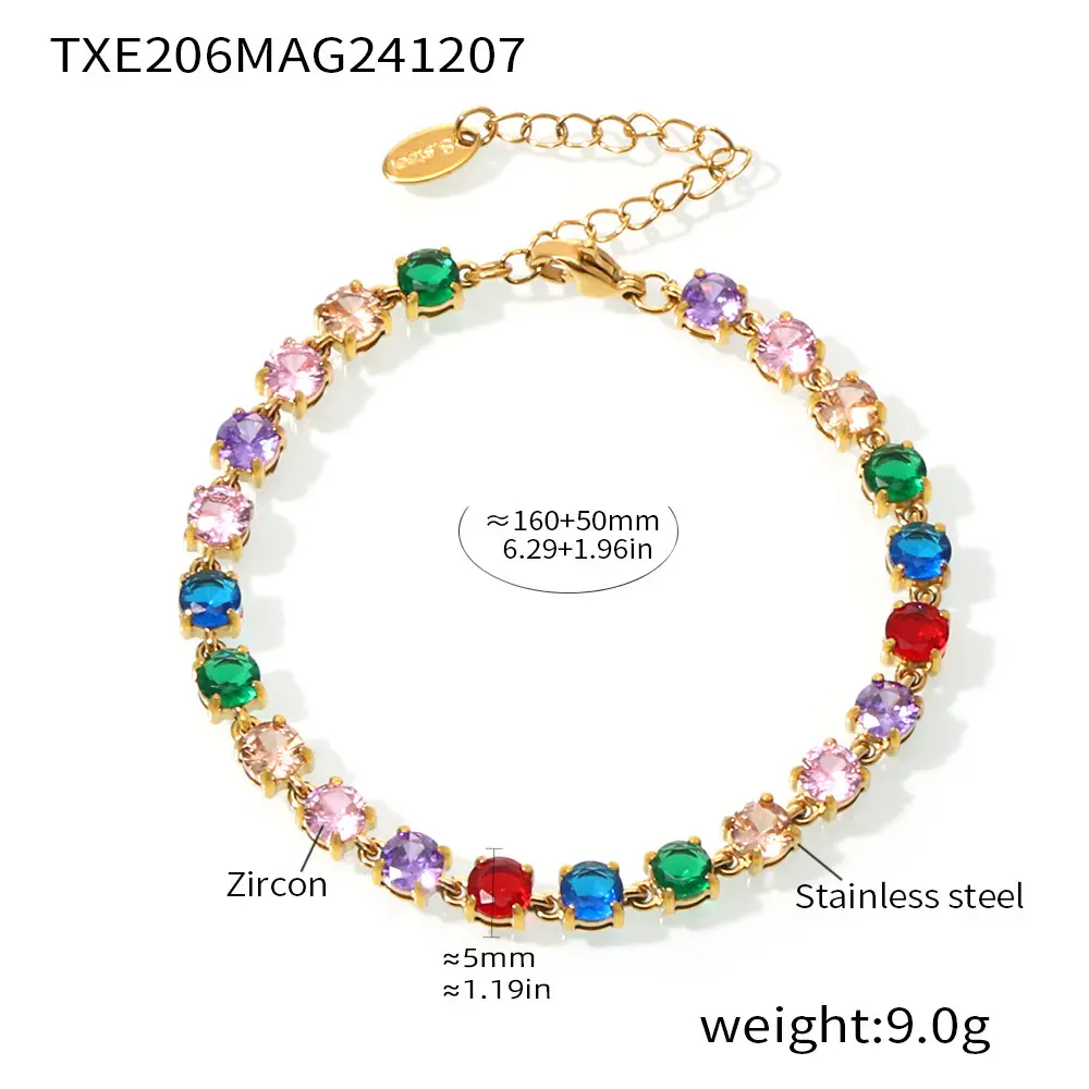 Handmade Prong Setting 5mm Colorful Zircon Shiny Bracelet & Necklace Set, 18K Gold Plated Luxury Jewelry Handmade Prong Setting 5mm Colorful Zircon Shiny Bracelet & Necklace Set, 18K Gold Plated Luxury Jewelry