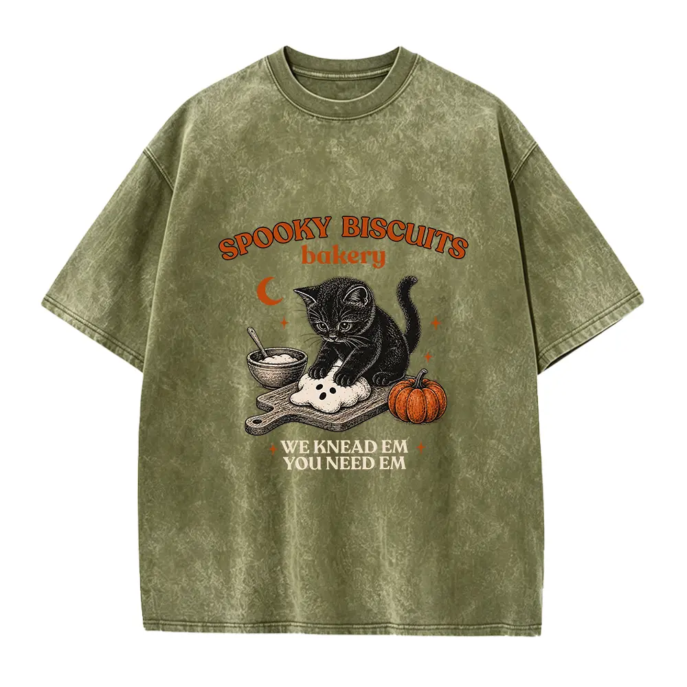 Women's Fitted Soft Short-Sleeve Cotton T-Shirt Top - Halloween Theme Spooky Season Black Cat, Kitty Biscuits Baking, Pumpkin Vintage Graphics, Smooth Seamless Solid Fabric, Cat Lover Fall Casual Gift, Shortsleeve