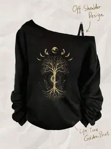 Women's Graphic Everyday Hoodie, Sweatshirt, Time Tree Streetwear, Hip-Hop Campus Style, Casual Fitted Long Sleeve, All Seasons Fashion