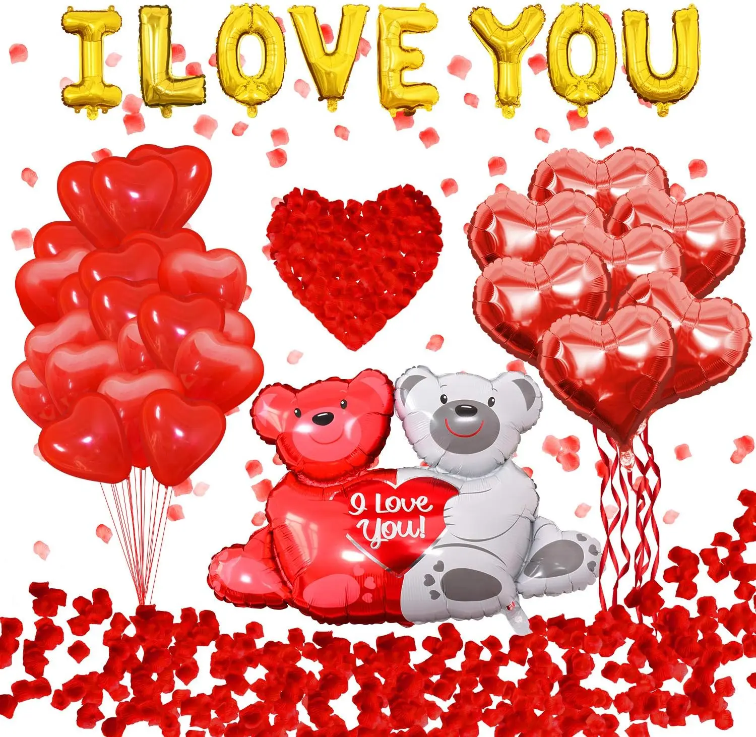 Rubber Heart-Shape Self-Sealing Valentine's Day Balloon Set, Heart Balloon Kit with Red Rose and Love Bear, Festive Decor for Anniversary Proposal