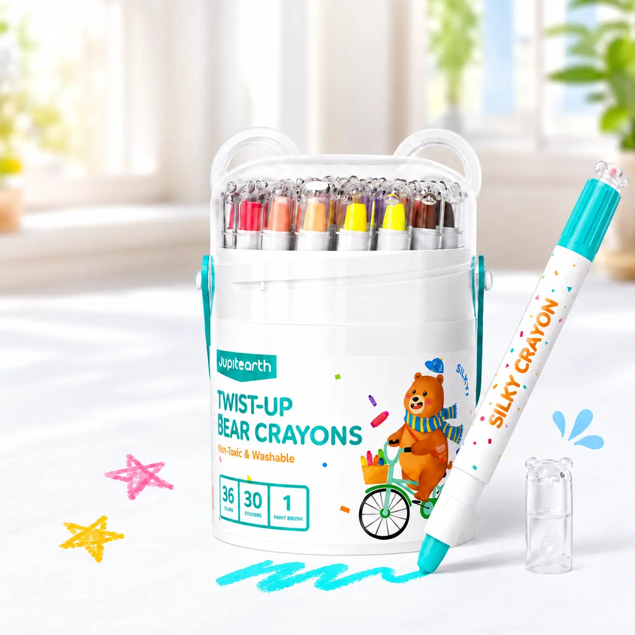 JUPITEARTH 48-Color Bear-Shaped Ultra-Silky Crayons for Toddlers, Easy-Grip Washable Twistable Crayons with Smooth Oil Pastel Texture, Kids Art & Craft Supplies for Fine Motor Skills and Back to School Shopping