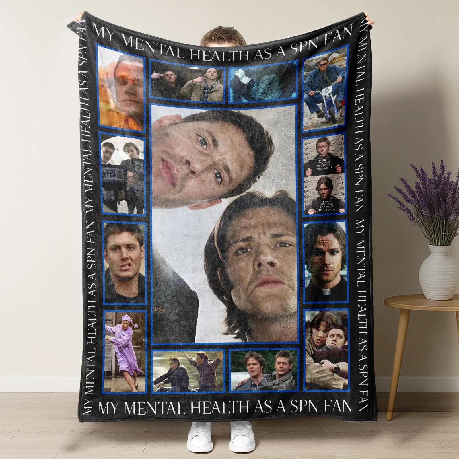 Supernatural SPN Themed Blanket,Sam & Dean Winchester Collage Blanket, Funny TV Show Merch,Gift for Supernatural Fans,Sofa Bedroom Dorm Couch Office Car Travel Home Bedding, 100% Polyester, Indoor/Outdoor