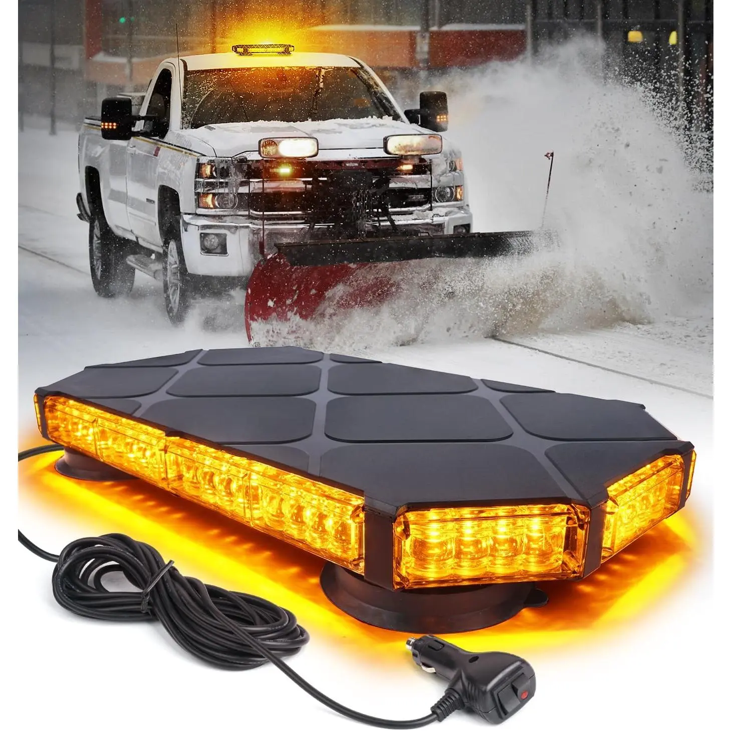 Amber LED Roof Strobe Warning Light Bar - Strobing Light, Warning Flash, Emergency Safety Lighting for Commercial Trucks, Construction Vehicles