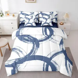 Blue and White 7 Piece Comforter Set,Abstract Line Ink Painting Bedding Set for Kids Boys Girls Simple Minimalist Graffiti Art Modern Geometric Sheet Set,Boho Cool Unique Mens Quilt