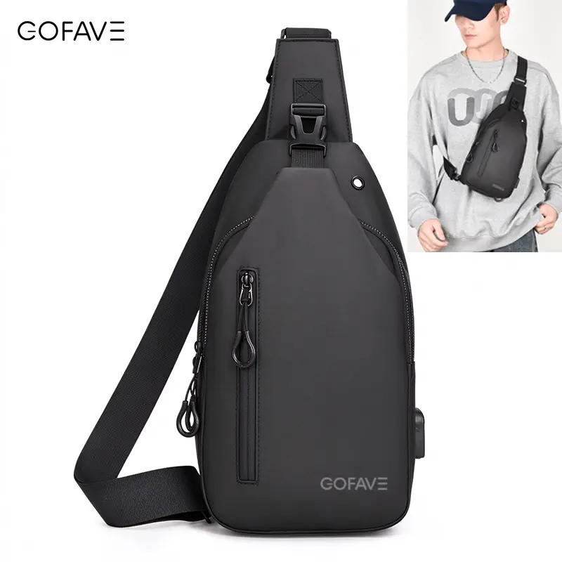 GOFAVE crossbody backpack, suitable for travel and hiking, featuring a square front pocket and a USB charging port; unisex.