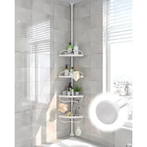 Corner Shower ,125 Inch Tall Adjustable Inside Shower Organizer Tension Pole 4-Tier Rustproof Bathroom Organizer Shelves for Bathtub Shampoo Conditioner Storage, Floor to Ceiling Standing
