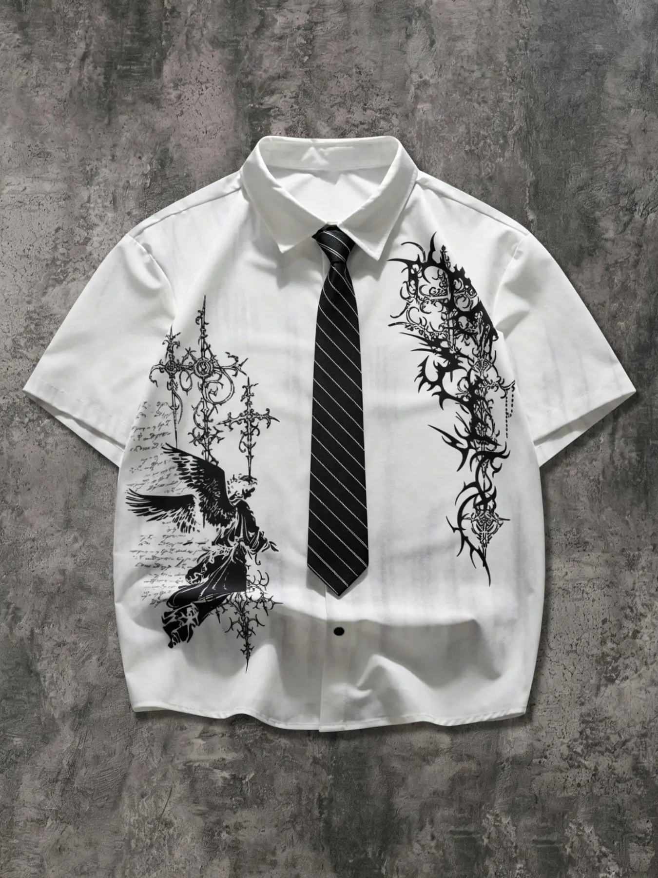 Men's Gothic Angel Cross Graphic Print Classic Short Sleeve Shirt, Collared Shirts, Loose Button-Up, Dark Academia Aesthetic Style, Trendy Casual Top with Tie