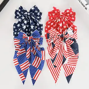American Flag Bow Hair Clip, 4th of July Long Ribbon Bow Barrette, Patriotic Star-Stripe Hair Accessory, Large Bow Hair Clip for Independence Day & Holiday Parties