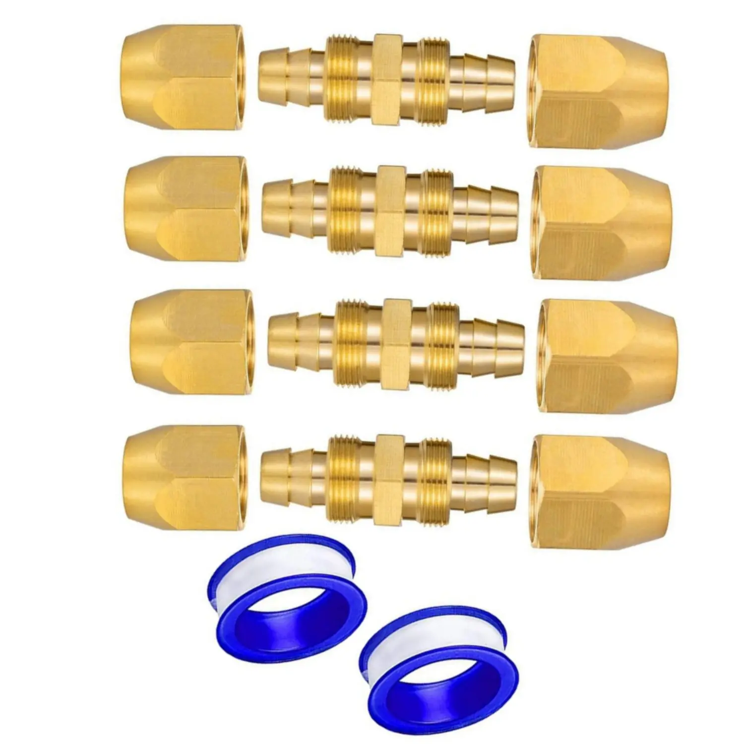4 Pcs 1/4 Inch Solid Brass Reusable Air Hose Repair Fittings Kit - 3/8" OD Air Tube Connectors, 2 Pc Teflon Tape, 8 Nuts, High-Temp (-40 to +250°F), Corrosion-Resistant, 300 PSI Pressure Rating Tools & Hardware Accessory