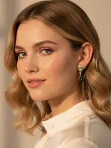 A pair of light luxury fan shaped diamond encrusted grandmother green water droplet pendant earrings, Dangling earrings, with a hanging design, suitable for various scenarios such as daily commuting, dates, and dinners