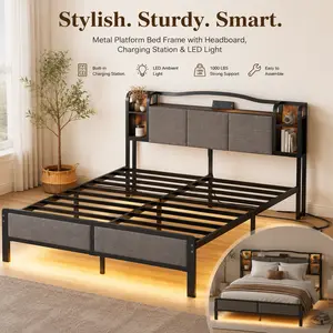 Metal Platform Bed Frame with Upholstered Headboard, Smart Charging Station & LED Lights, 3000 LBS Heavy Duty Mattress Base, No Box Spring Needed