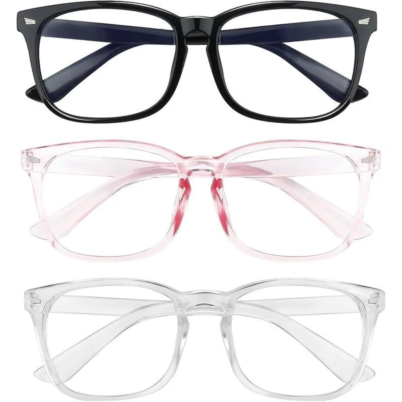 Unisex Blue Light Blocking Glasses 3-Pack, Aesthetic Geometric Plastic Frames in Blush with Silicon Comfort, Non-Prescription Eyewear for Eyestrain Relief