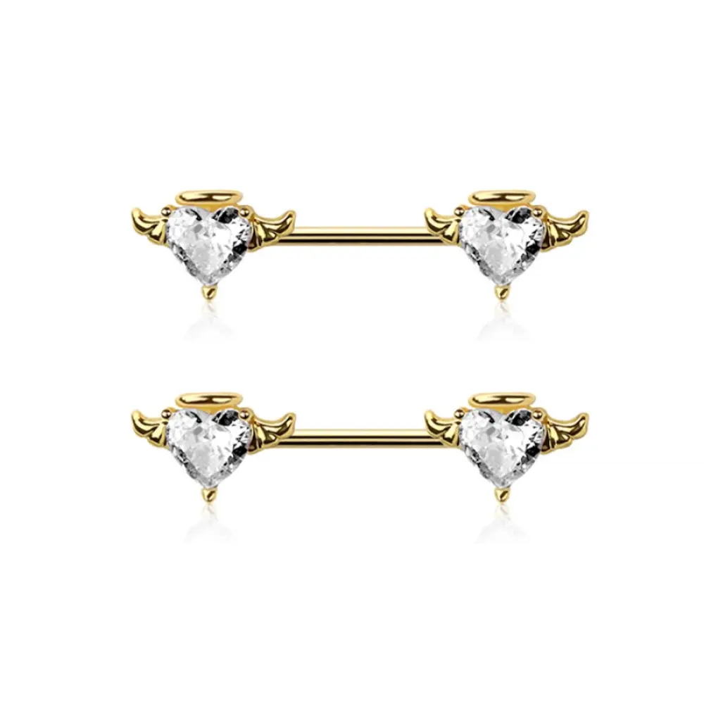 CZ Crystal Angel Heart Nipple Barbells - Pair - 316L Stainless Steel