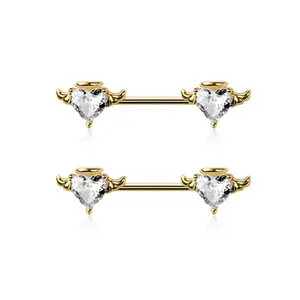CZ Crystal Angel Heart Nipple Barbells - Pair - 316L Stainless Steel