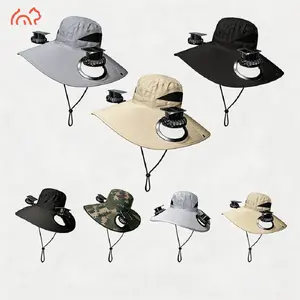 Solar fan cap, UV resistant outdoor wide brimmed fisherman's cap, with 180 ° adjustable fan, UPF50, USB and solar power supply, suitable for beach, camping, outdoor, fishing