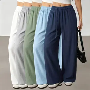 Women’s five-piece set of loose casual pants made from polyester fiber—comfortable and versatile, featuring solid straight designs with drawstrings and pockets, suitable for everyday outings and outdoor activities.